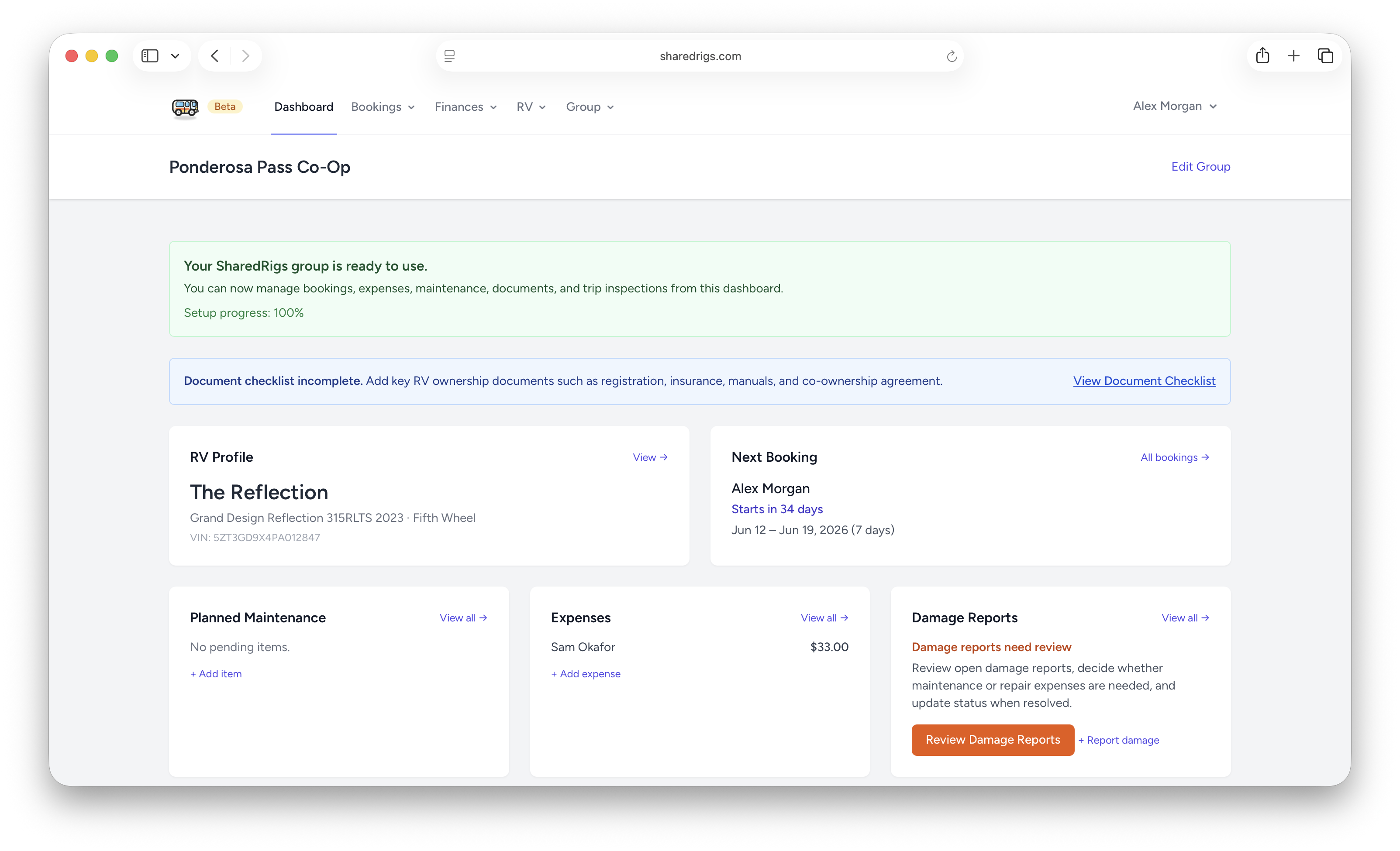 SharedRigs dashboard showing the group calendar and recent expenses